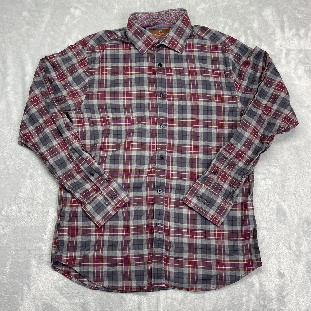James Tattersall London Shirt Mens L Burgundy Gray Plaid Long Sleeve Button-Up